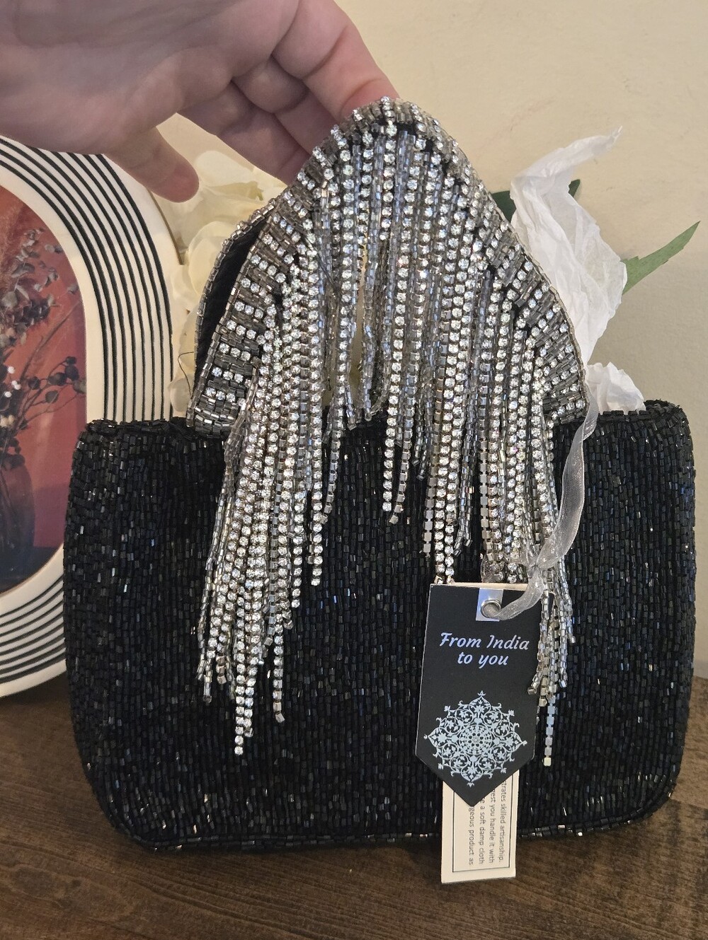 Made in India Black Beaded Handbag with Rhienstone Fringe Handle RARE!
